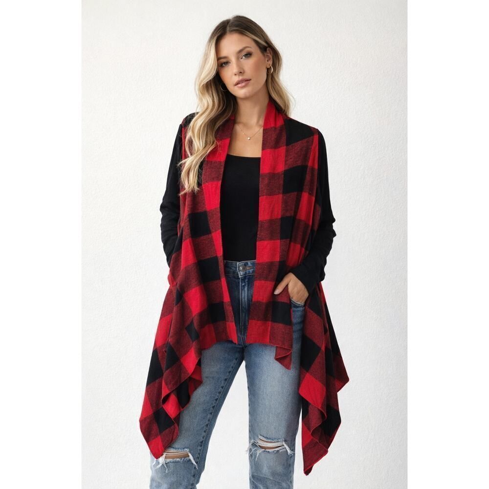 Torrid Red Black Buffalo Plaid Cardigan Size 2 Plus Open Front Knit Sweater
